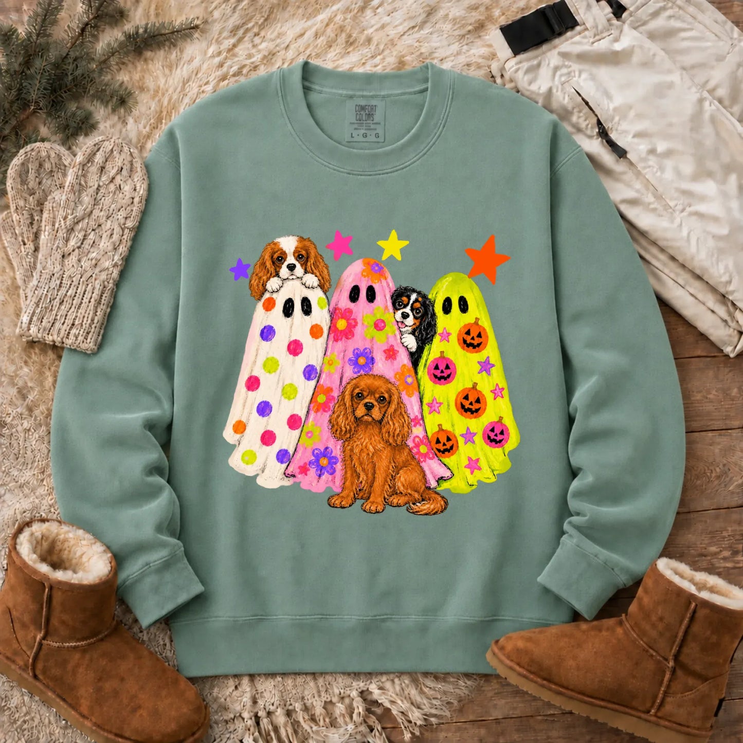 Cavalier Neon Ghosts Halloween Unisex Sweatshirt Light Green