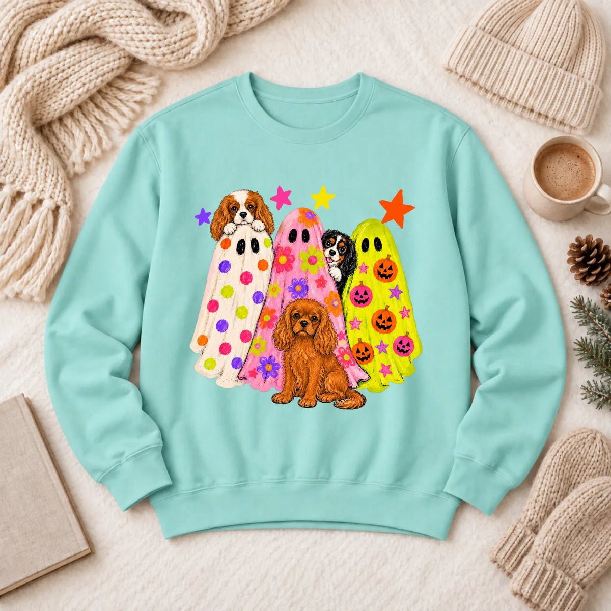 Cavalier Neon Ghosts Halloween Unisex Sweatshirt Chalky Mint