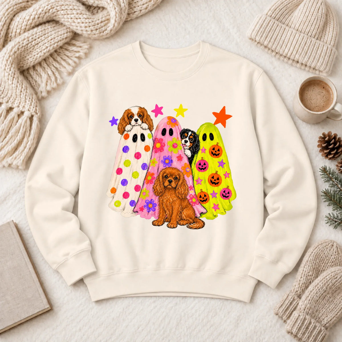 Cavalier Neon Ghosts Halloween Unisex Sweatshirt Ivory