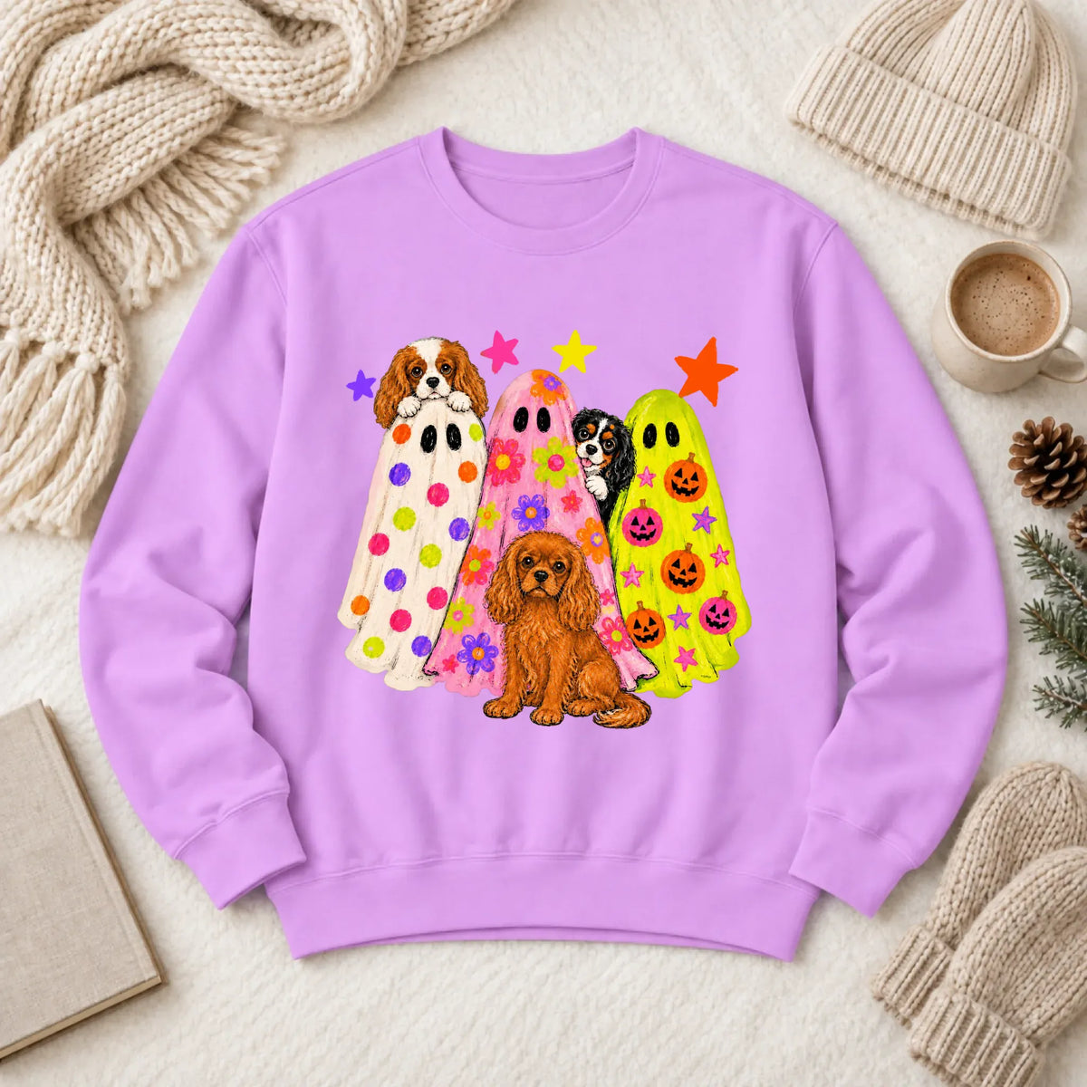 Cavalier Neon Ghosts Halloween Unisex Sweatshirt Neon Violet