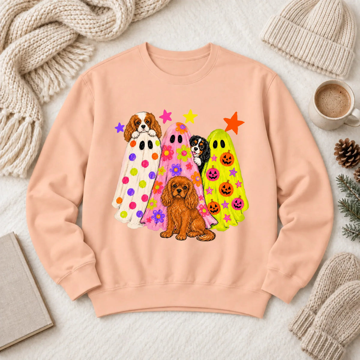 Cavalier Neon Ghosts Halloween Unisex Sweatshirt Peachy