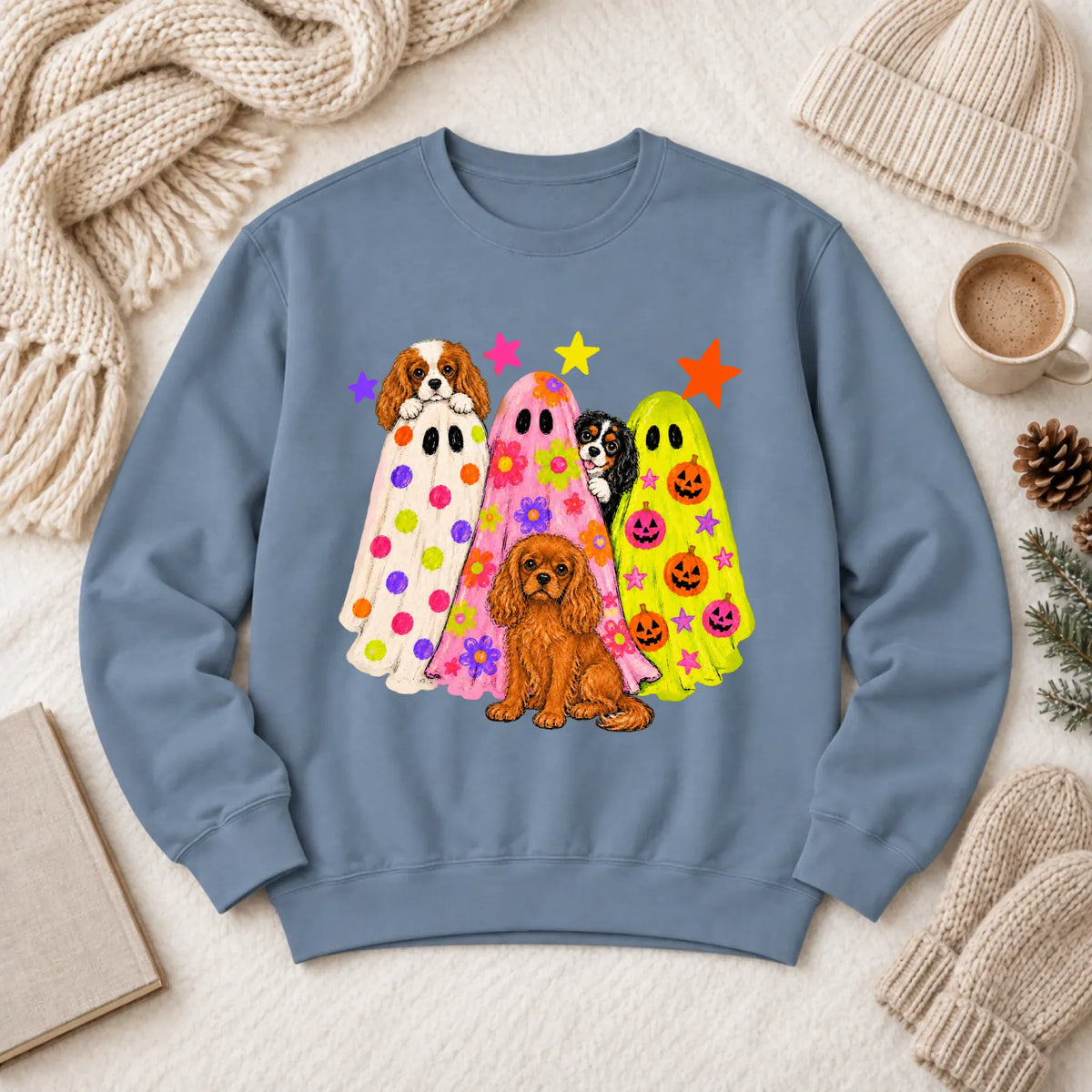 Cavalier Neon Ghosts Halloween Unisex Sweatshirt Blue Jean