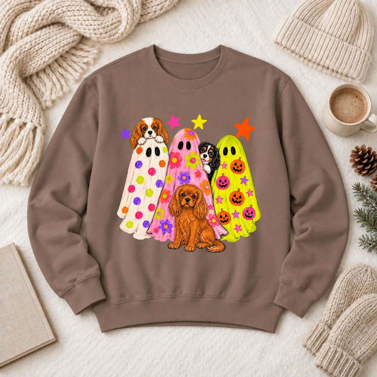 Cavalier Neon Ghosts Halloween Unisex Sweatshirt Espresso