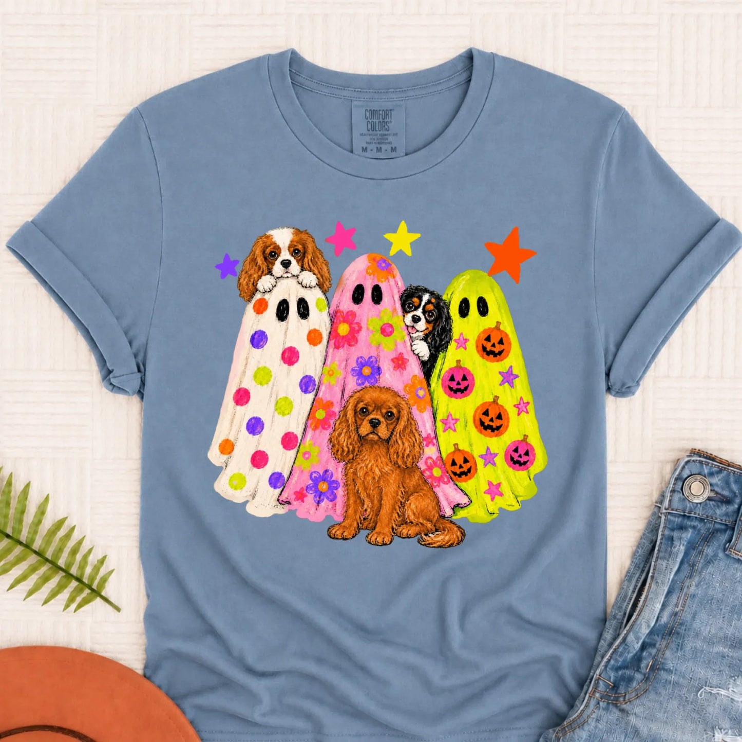 Cavalier Neon Ghosts Halloween Unisex TShirt Blue Jean