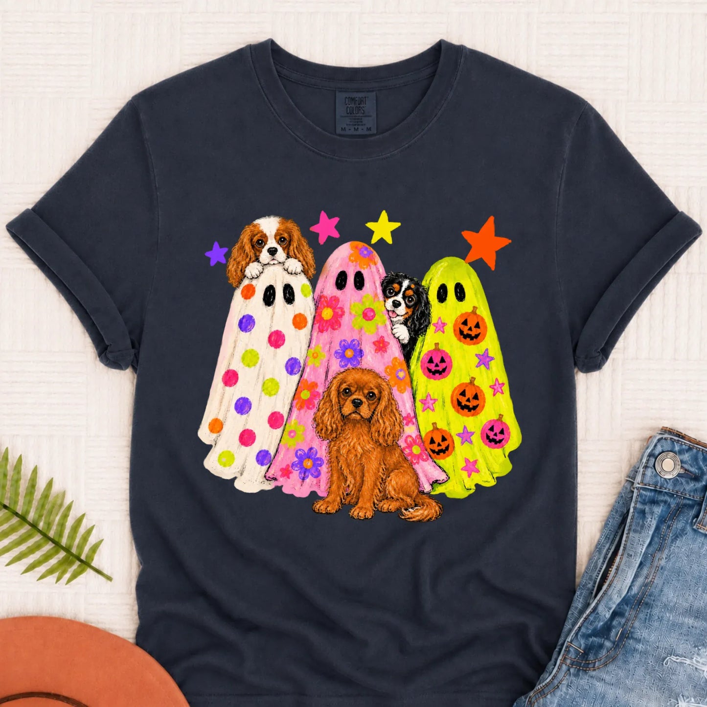 Cavalier Neon Ghosts Halloween Unisex TShirt Navy