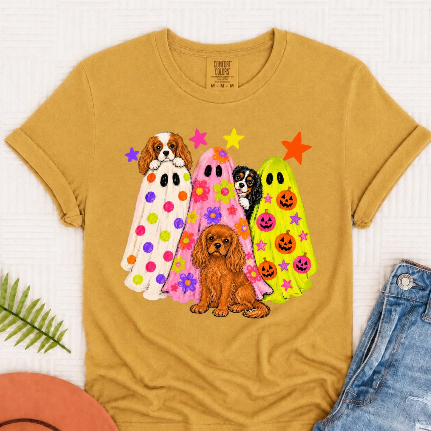 Cavalier Neon Ghosts Halloween Unisex TShirt Mustard