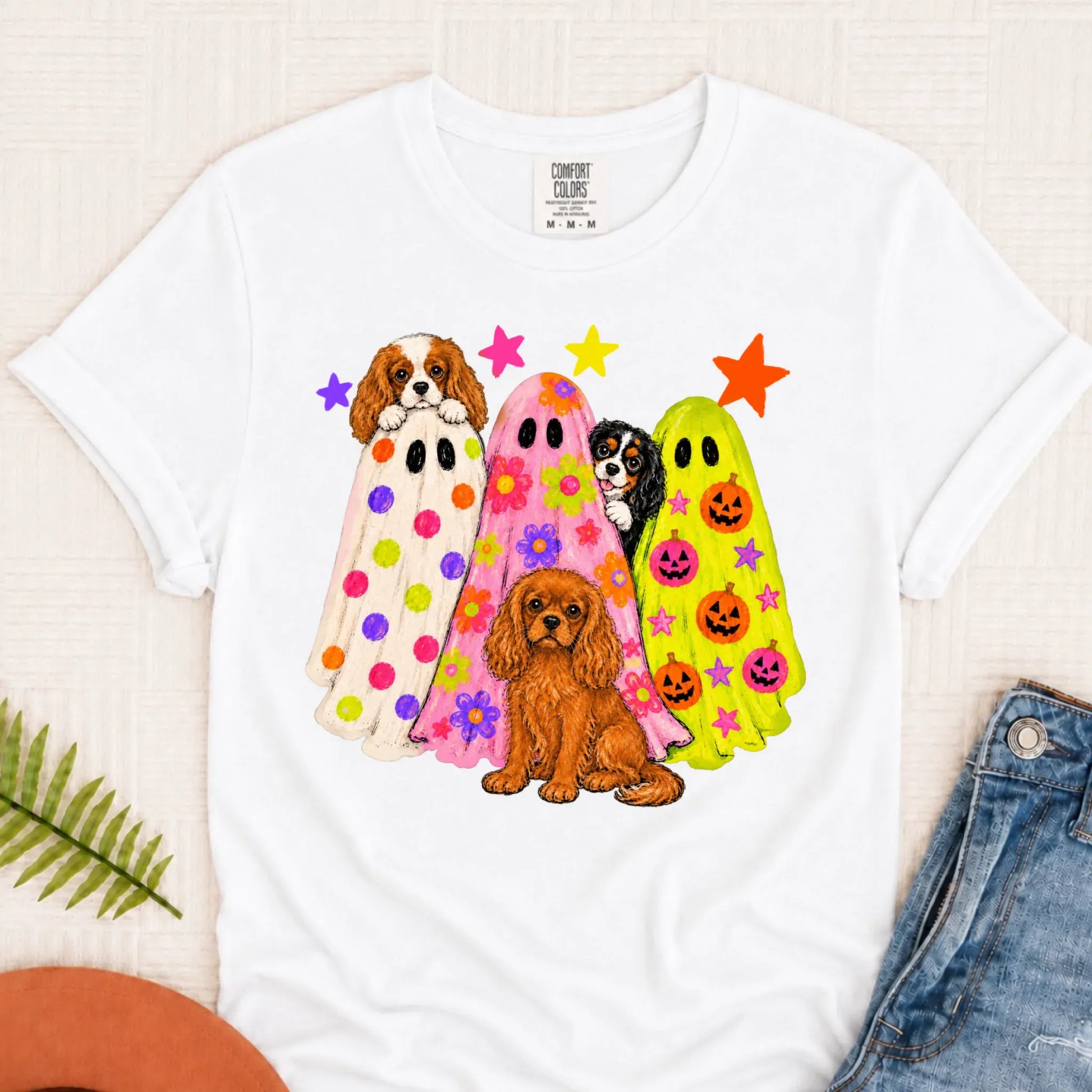 Cavalier Neon Ghosts Halloween Unisex TShirt White