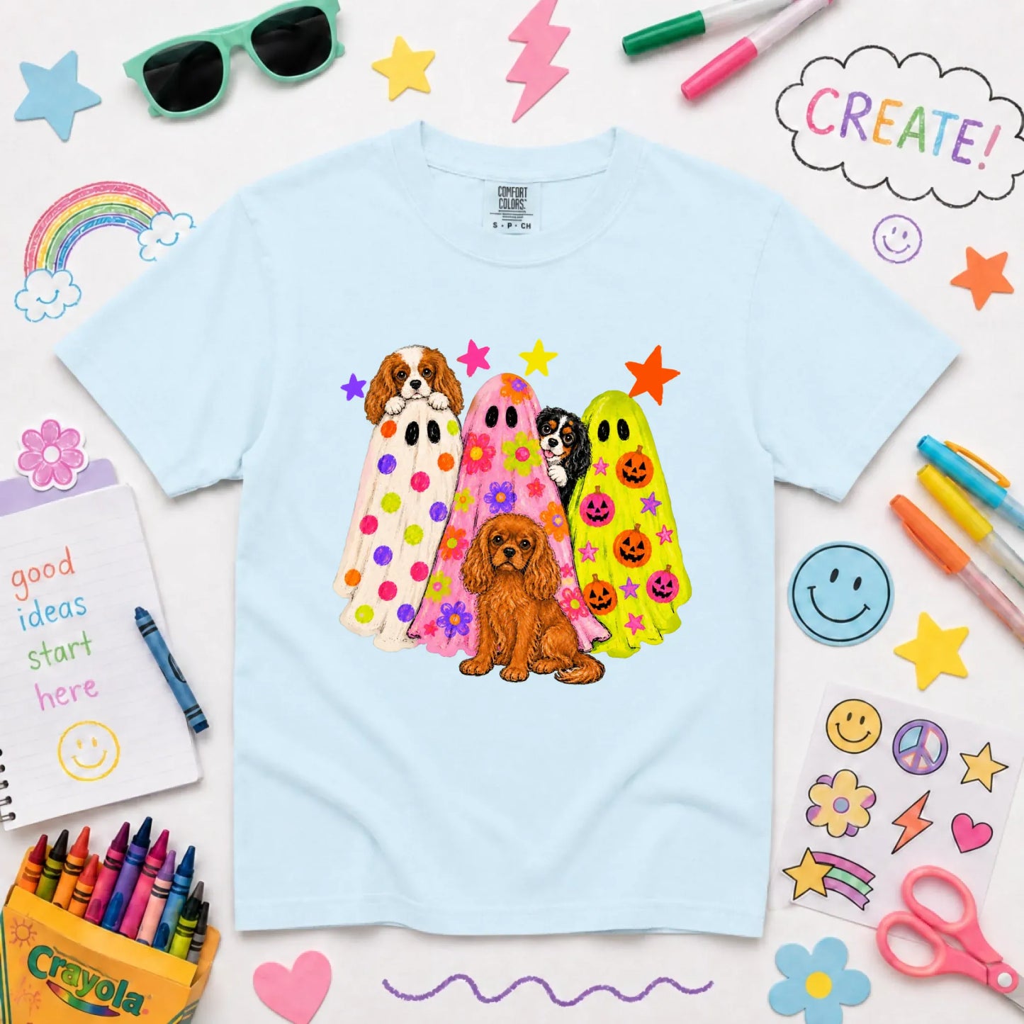 Cavalier Neon Ghosts Halloween YOUTH Unisex TShirt Chambray