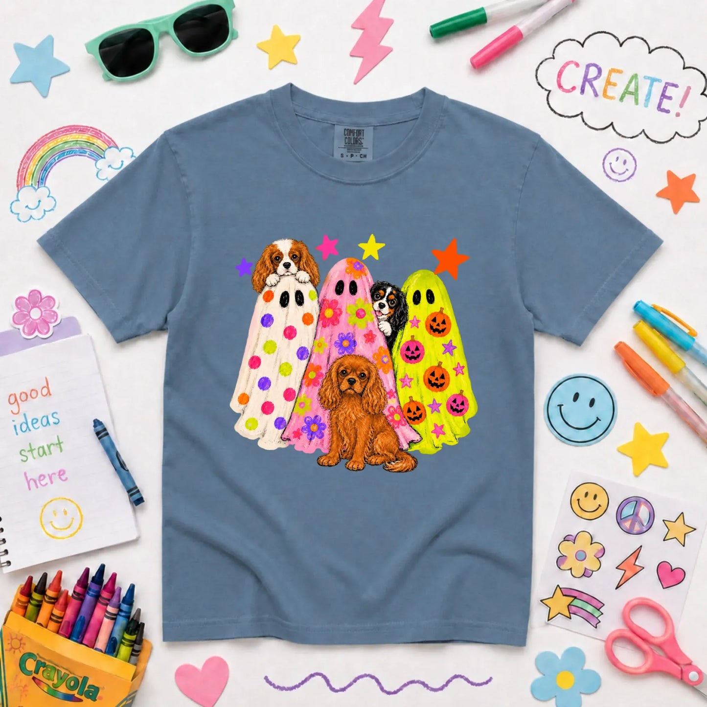 Cavalier Neon Ghosts Halloween YOUTH Unisex TShirt Blue Jean
