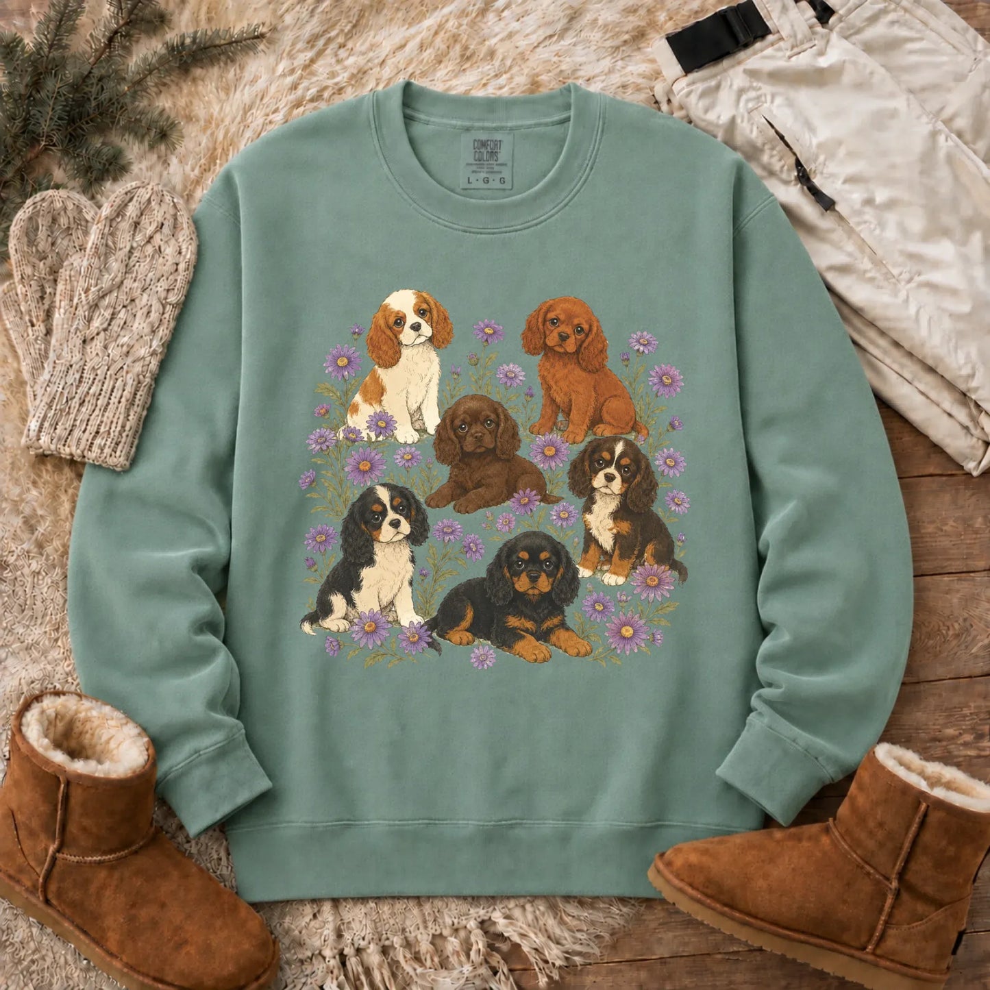 Cavalier Puppies Butterflies Unisex Sweatshirt Light Green