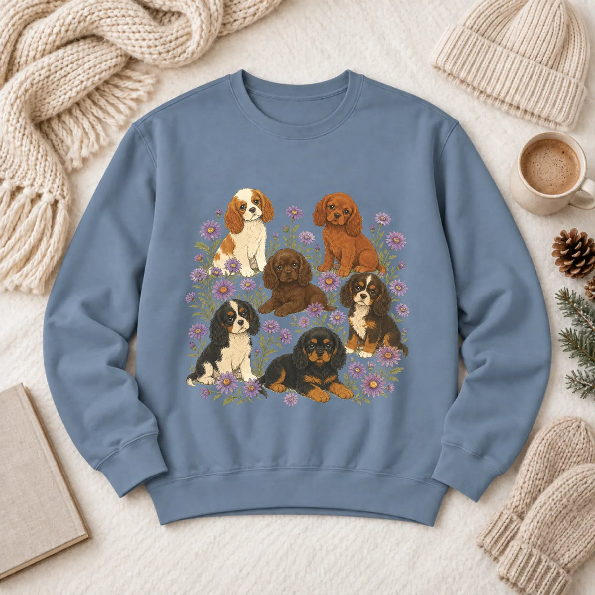 Cavalier Puppies Butterflies Unisex Sweatshirt Blue Jean