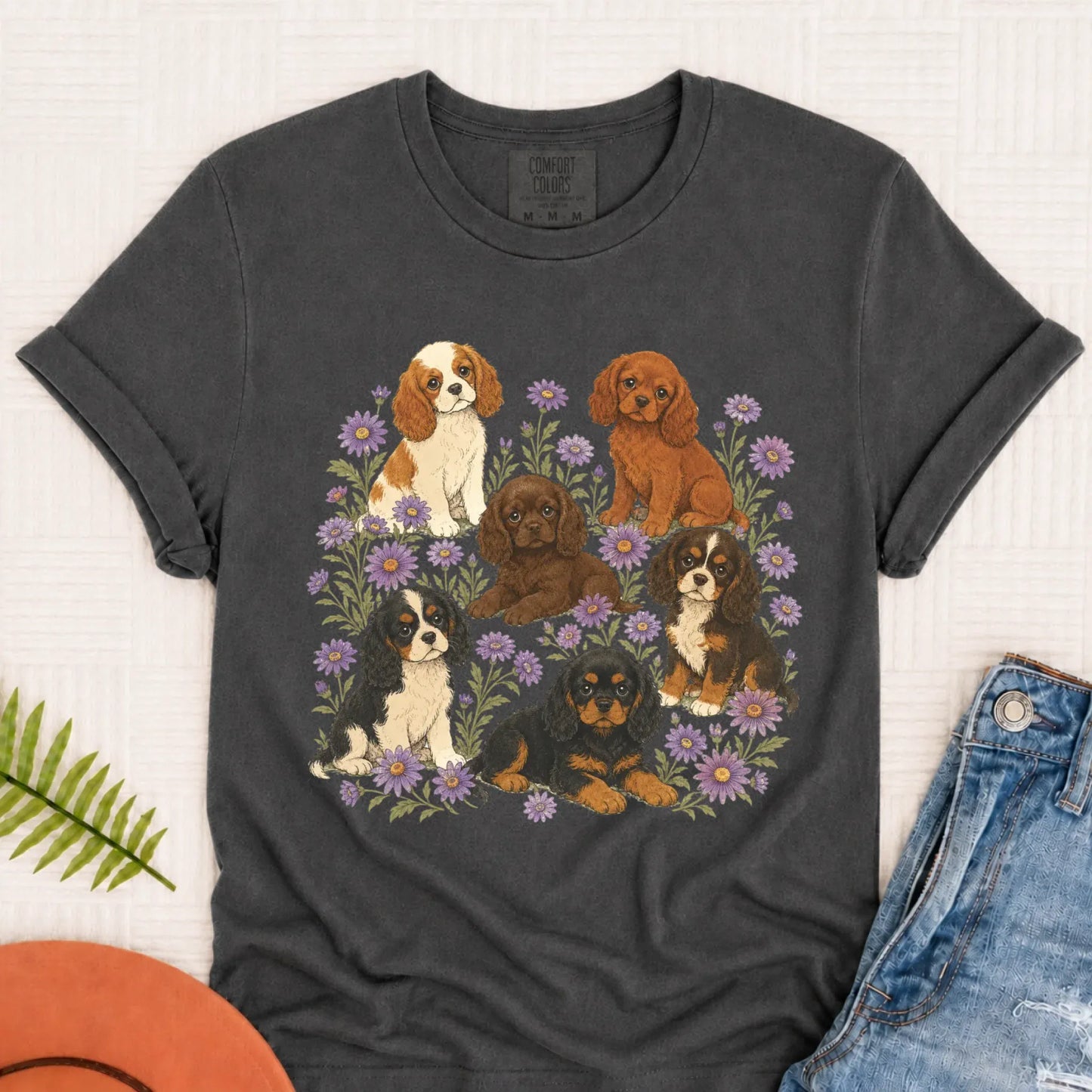Cavalier Puppies Butterflies Unisex TShirt Pepper