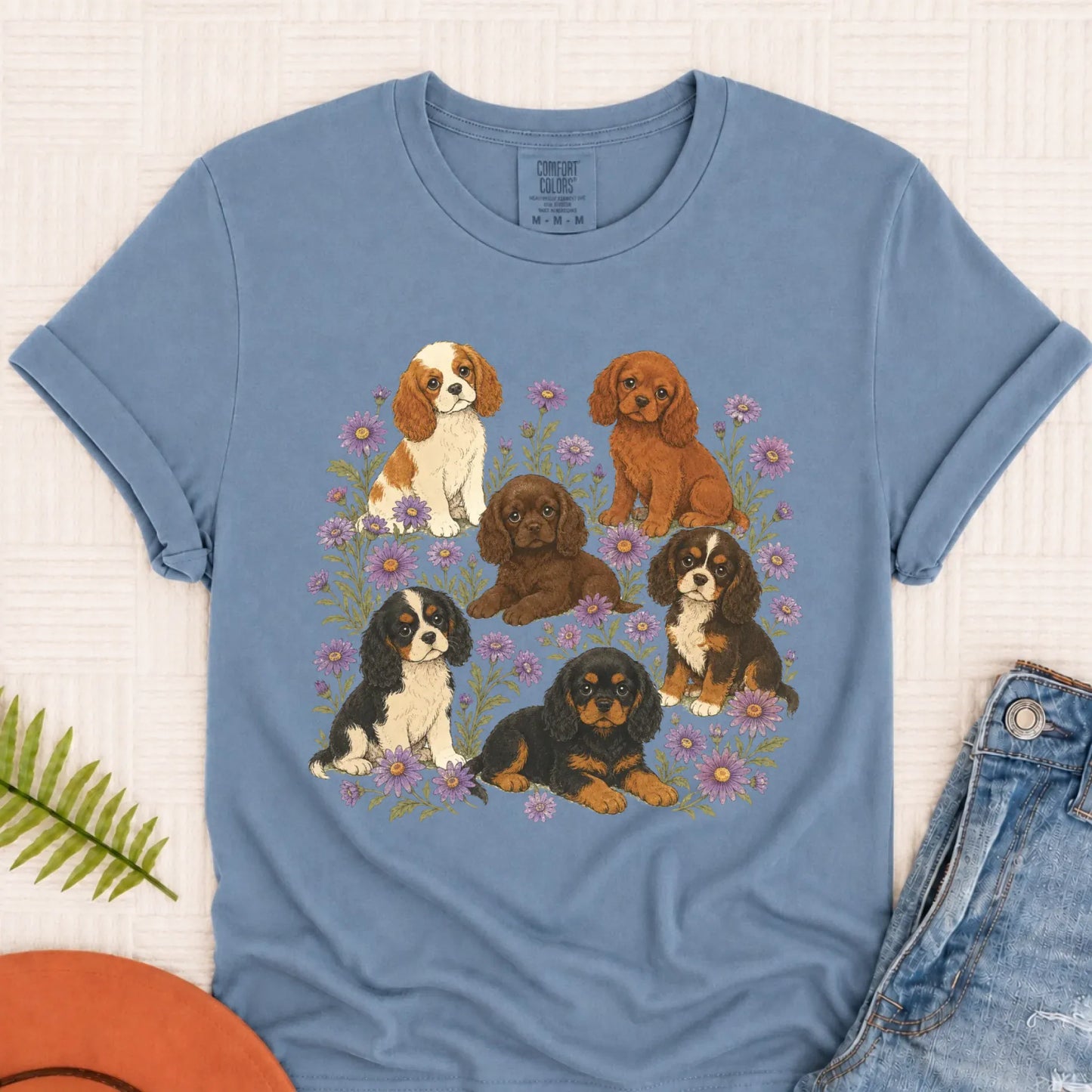 Cavalier Puppies Butterflies Unisex TShirt Blue Jean