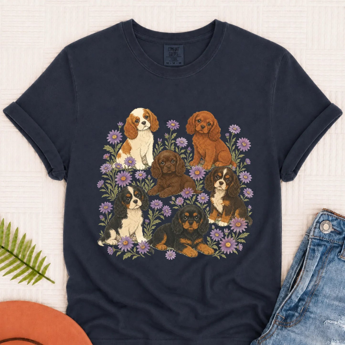 Cavalier Puppies Butterflies Unisex TShirt Navy