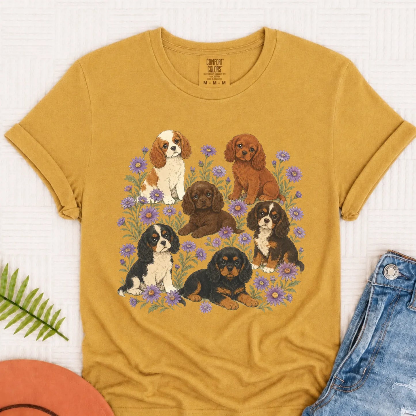 Cavalier Puppies Butterflies Unisex TShirt Mustard
