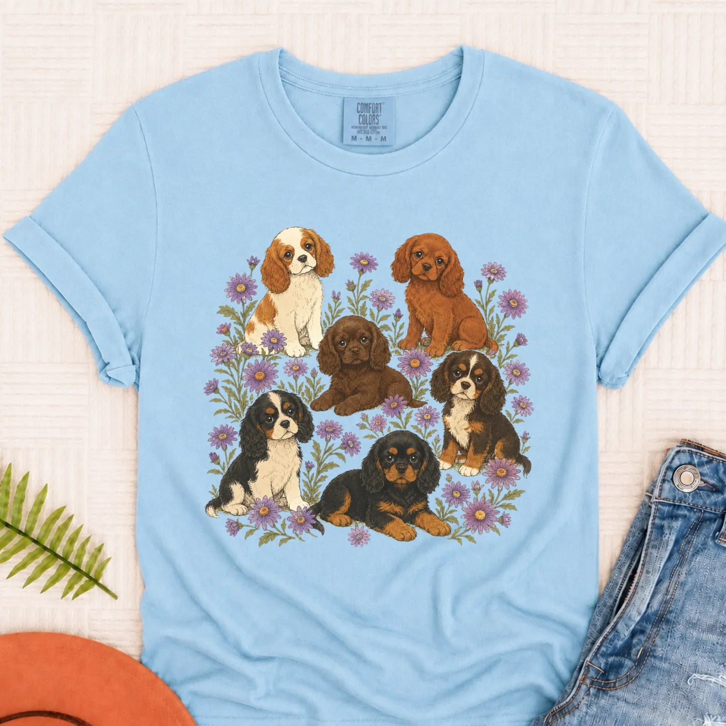 Cavalier Puppies Butterflies Unisex TShirt Chambray