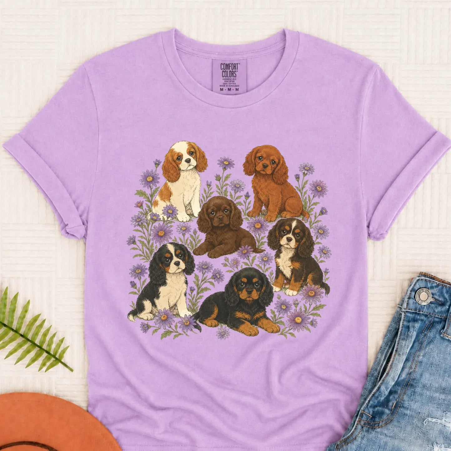 Cavalier Puppies Butterflies Unisex TShirt Orchid