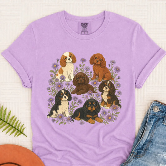 Cavalier Puppies Butterflies Unisex TShirt Orchid