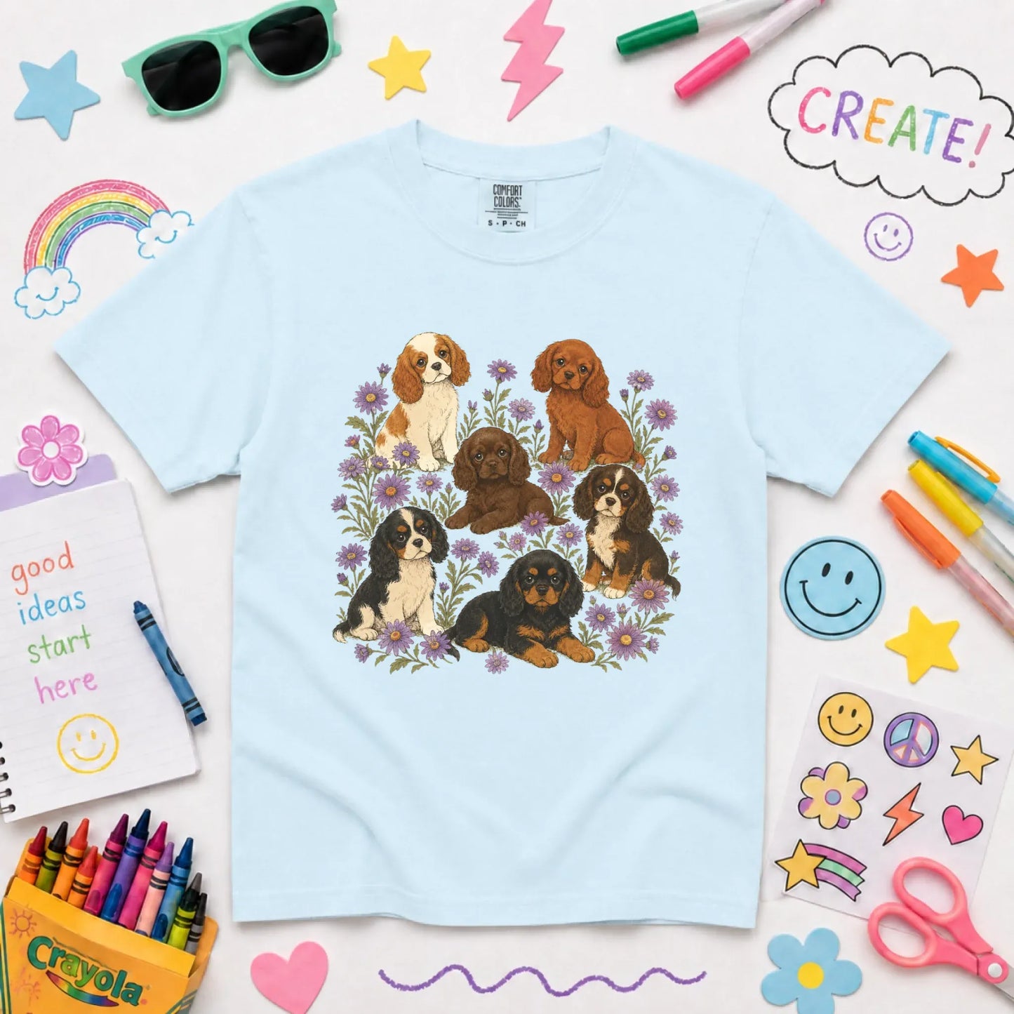 Cavalier Puppies Butterflies YOUTH Unisex TShirt Chambray