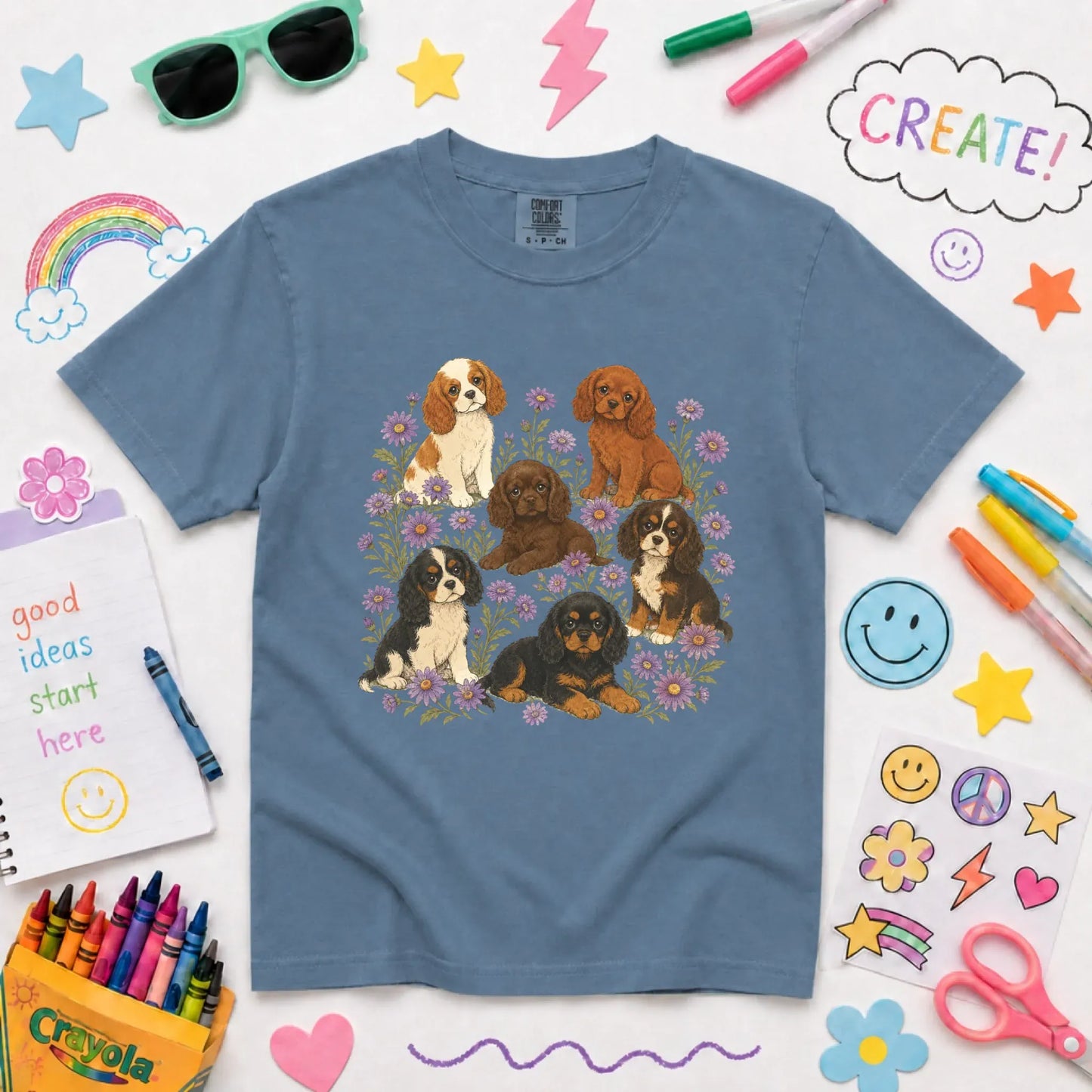 Cavalier Puppies Butterflies YOUTH Unisex TShirt Blue Jean