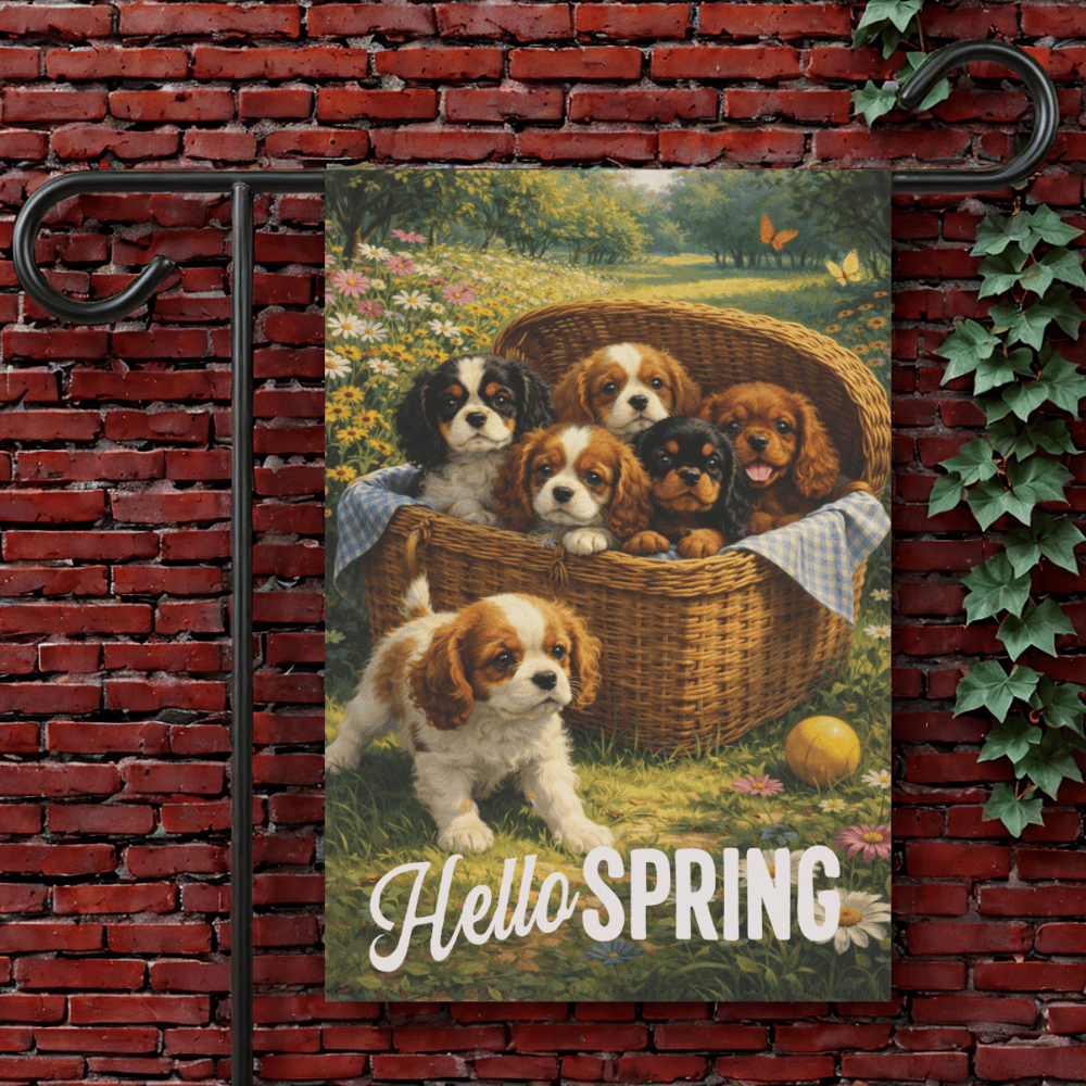 Personalized Puppies Hello Spring Garden Flag 12'' × 18''