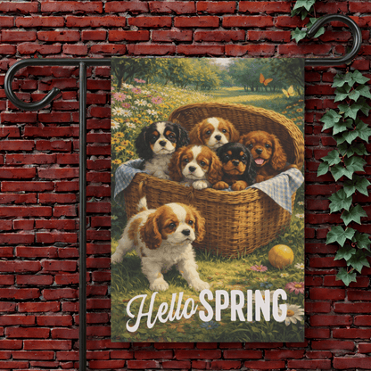 Personalized Puppies Hello Spring Garden Flag 12'' × 18''