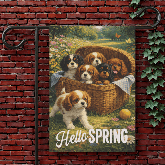 Personalized Puppies Hello Spring Garden Flag 12'' × 18''