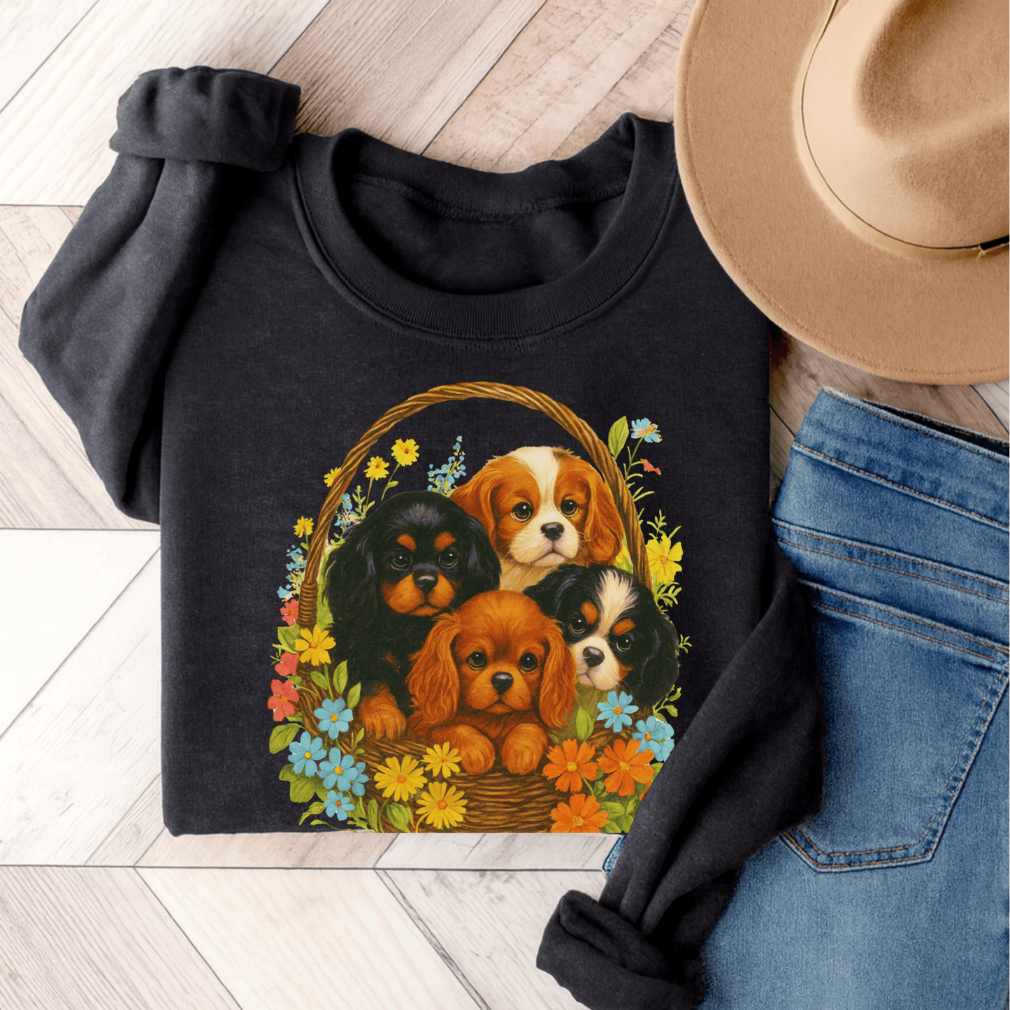 Cavalier Puppy Basket Unisex Sweatshirt Dark Heather