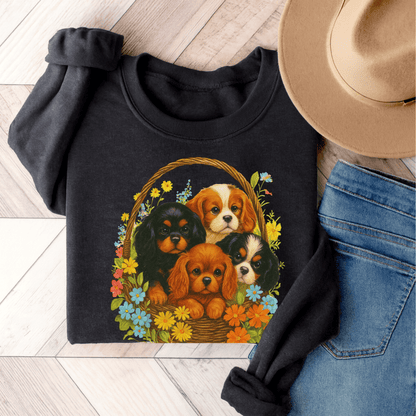 Cavalier Puppy Basket Unisex Sweatshirt Dark Heather