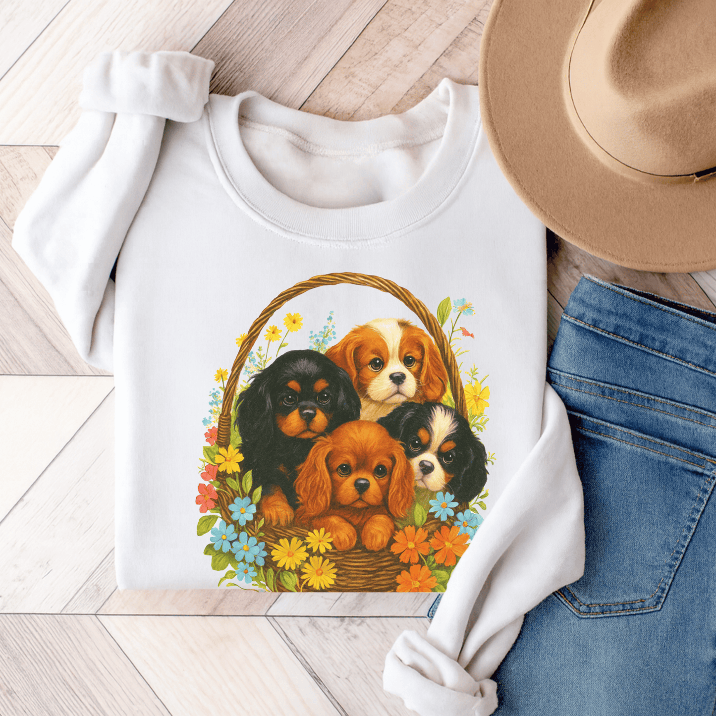 Cavalier Puppy Basket Unisex Sweatshirt White