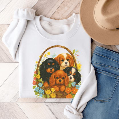 Cavalier Puppy Basket Unisex Sweatshirt White