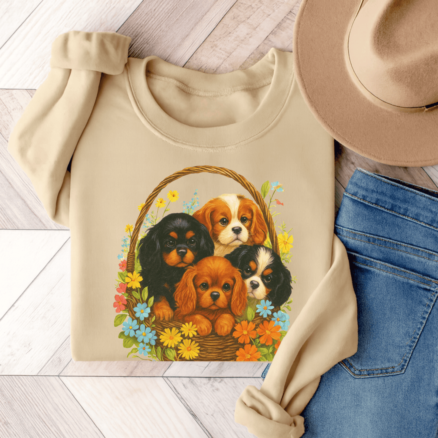 Cavalier Puppy Basket Unisex Sweatshirt Sand