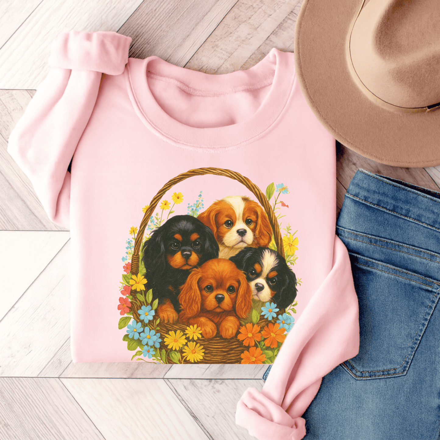 Cavalier Puppy Basket Unisex Sweatshirt Light Pink