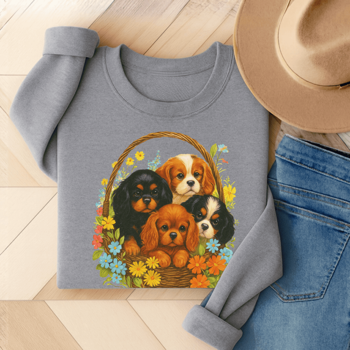 Cavalier Puppy Basket Unisex Sweatshirt Sport Grey