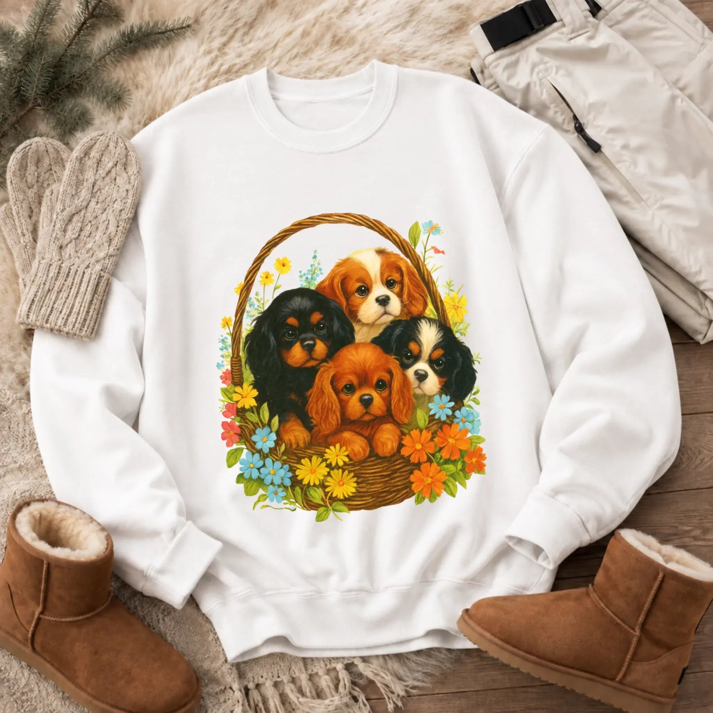 Sweatshirt White / S Cavalier Spring Puppy Basket Unisex Sweatshirt