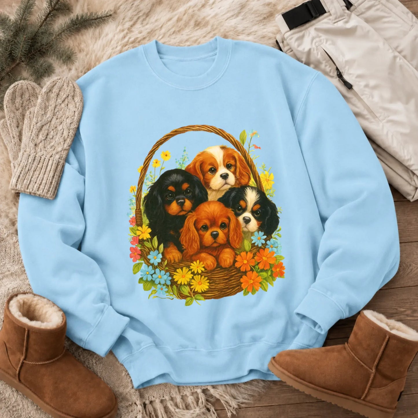 Sweatshirt Chambray / S Cavalier Spring Puppy Basket Unisex Sweatshirt