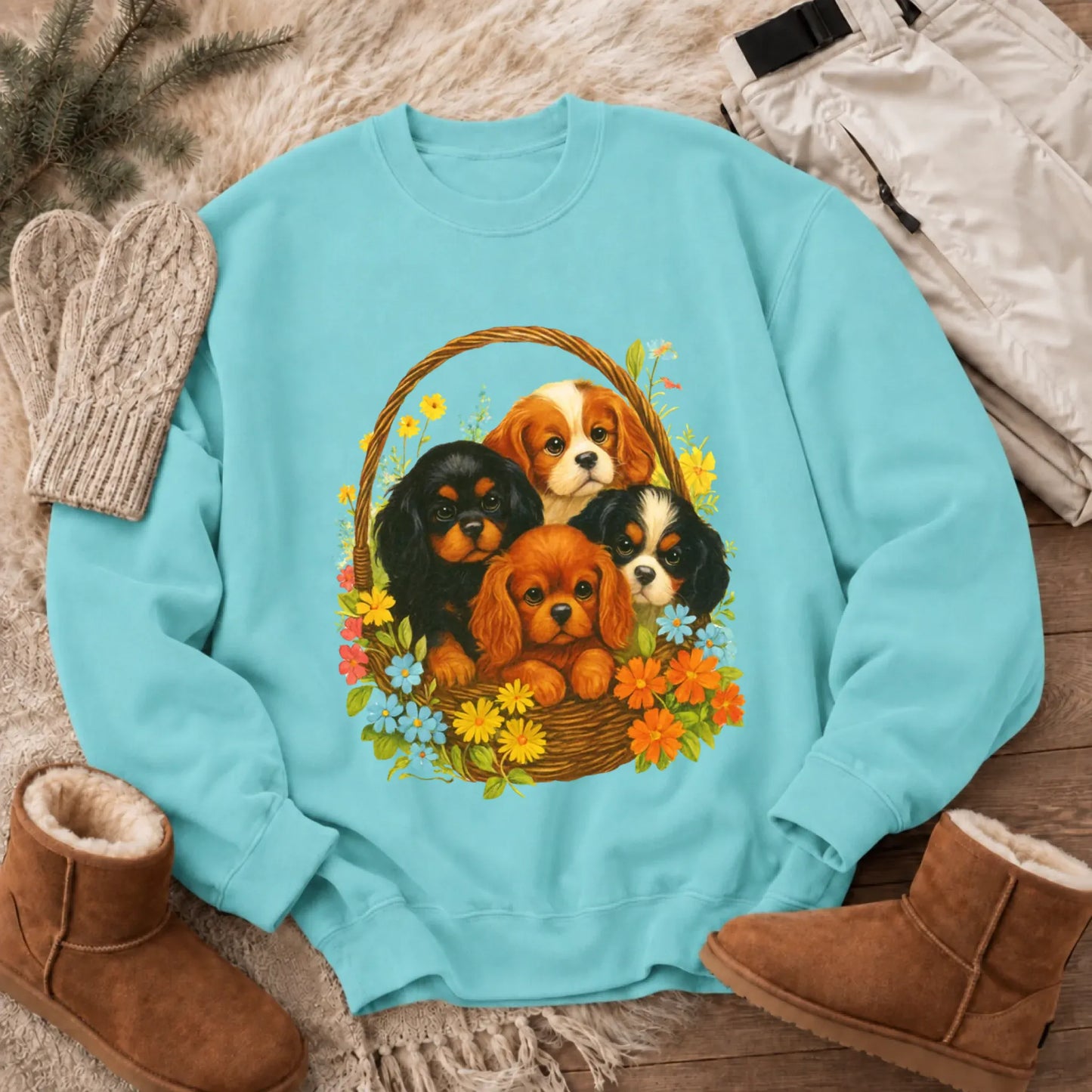 Sweatshirt Chalky Mint / S Cavalier Spring Puppy Basket Unisex Sweatshirt
