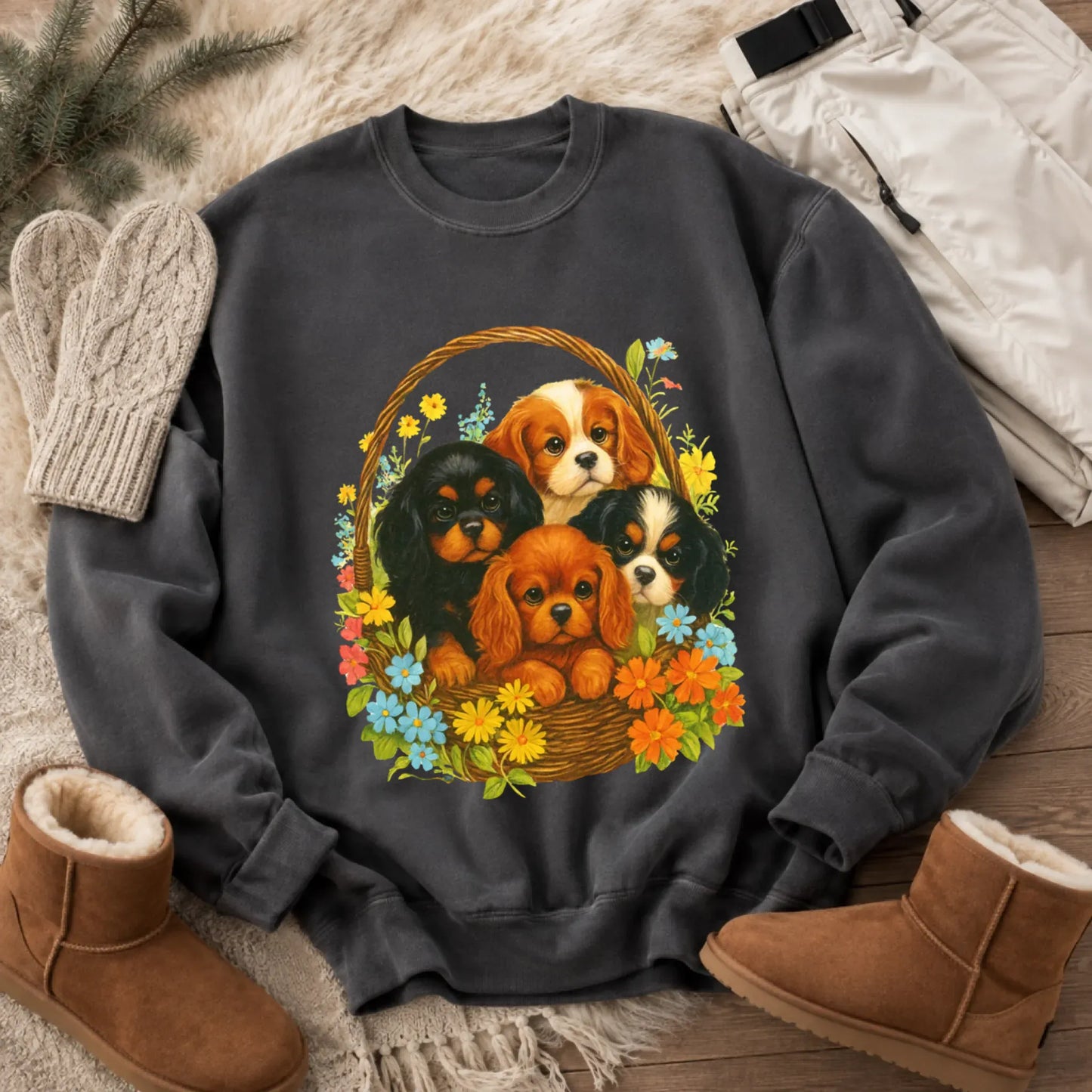 Sweatshirt Pepper / S Cavalier Spring Puppy Basket Unisex Sweatshirt
