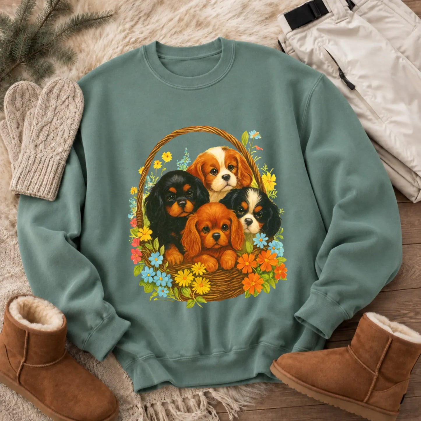 Sweatshirt Light Green / S Cavalier Spring Puppy Basket Unisex Sweatshirt