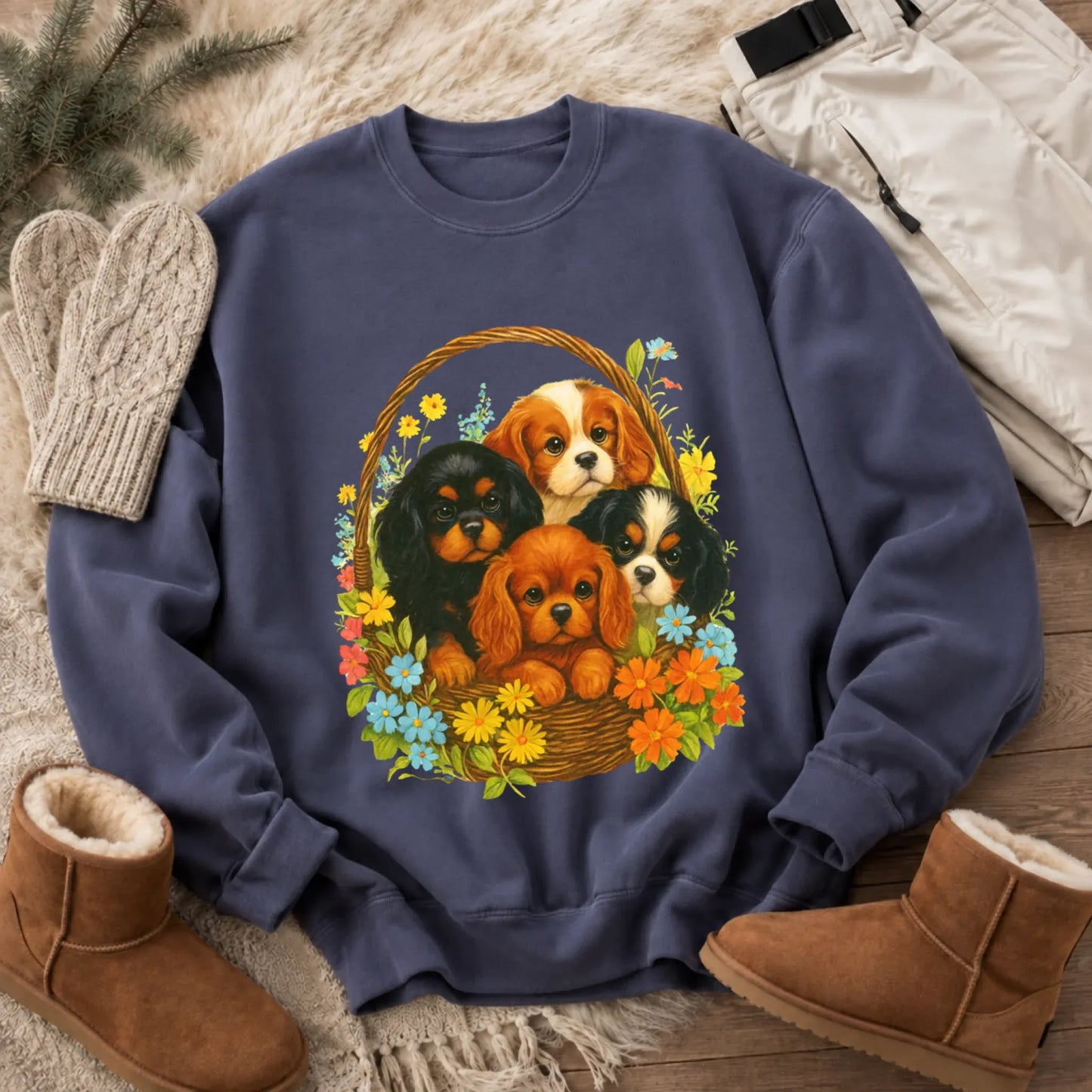 Sweatshirt Denim / S Cavalier Spring Puppy Basket Unisex Sweatshirt