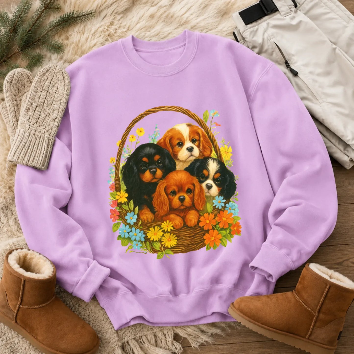 Sweatshirt Orchid / S Cavalier Spring Puppy Basket Unisex Sweatshirt