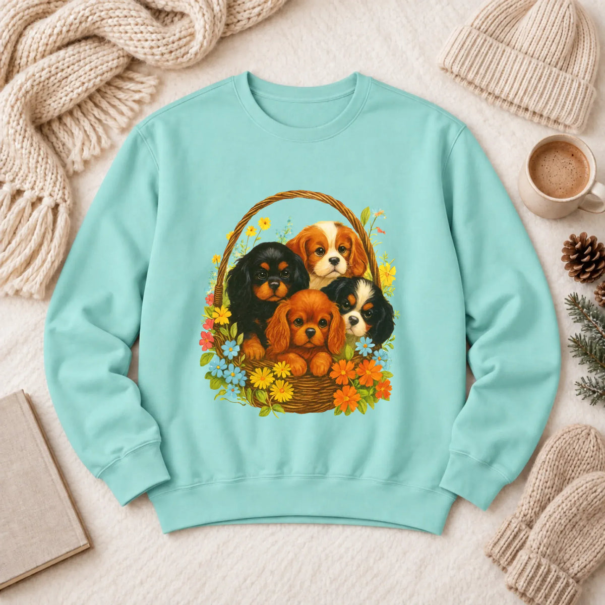 Cavalier Spring Puppy Basket Unisex Sweatshirt Chalky Mint