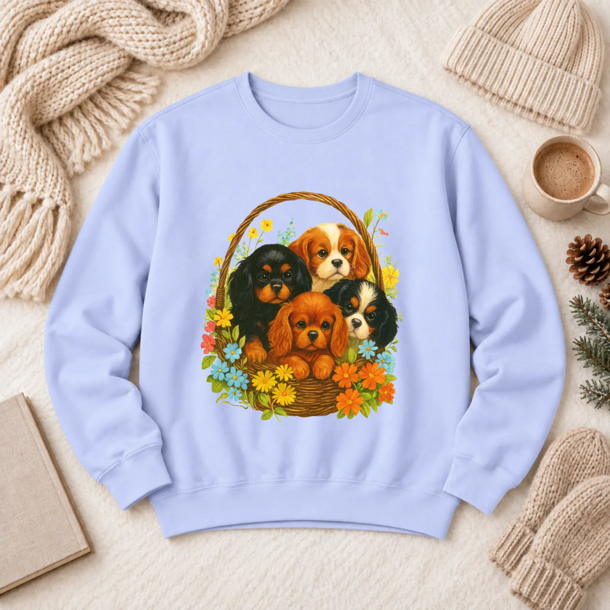 Cavalier Spring Puppy Basket Unisex Sweatshirt Hydrangea