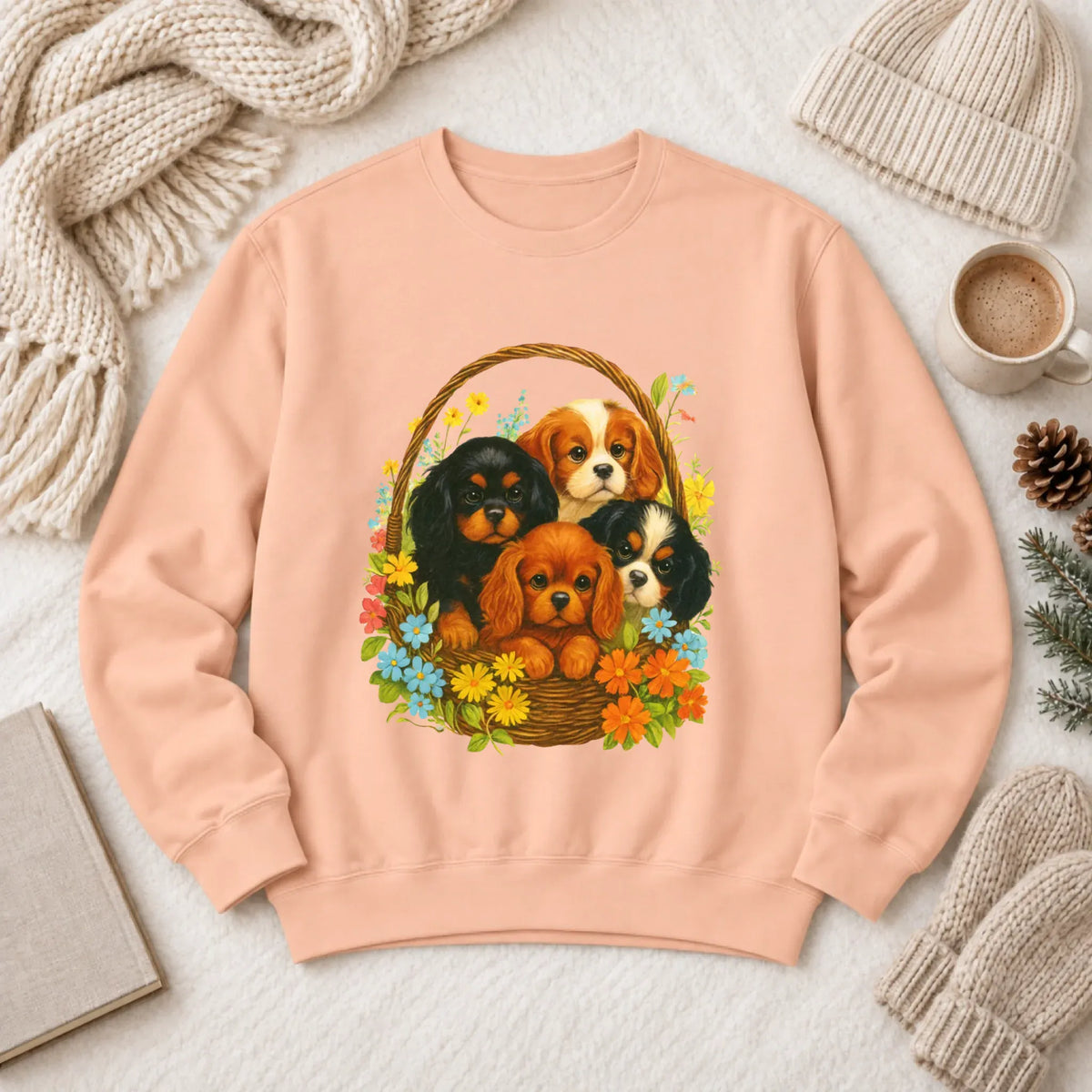 Cavalier Spring Puppy Basket Unisex Sweatshirt Peachy