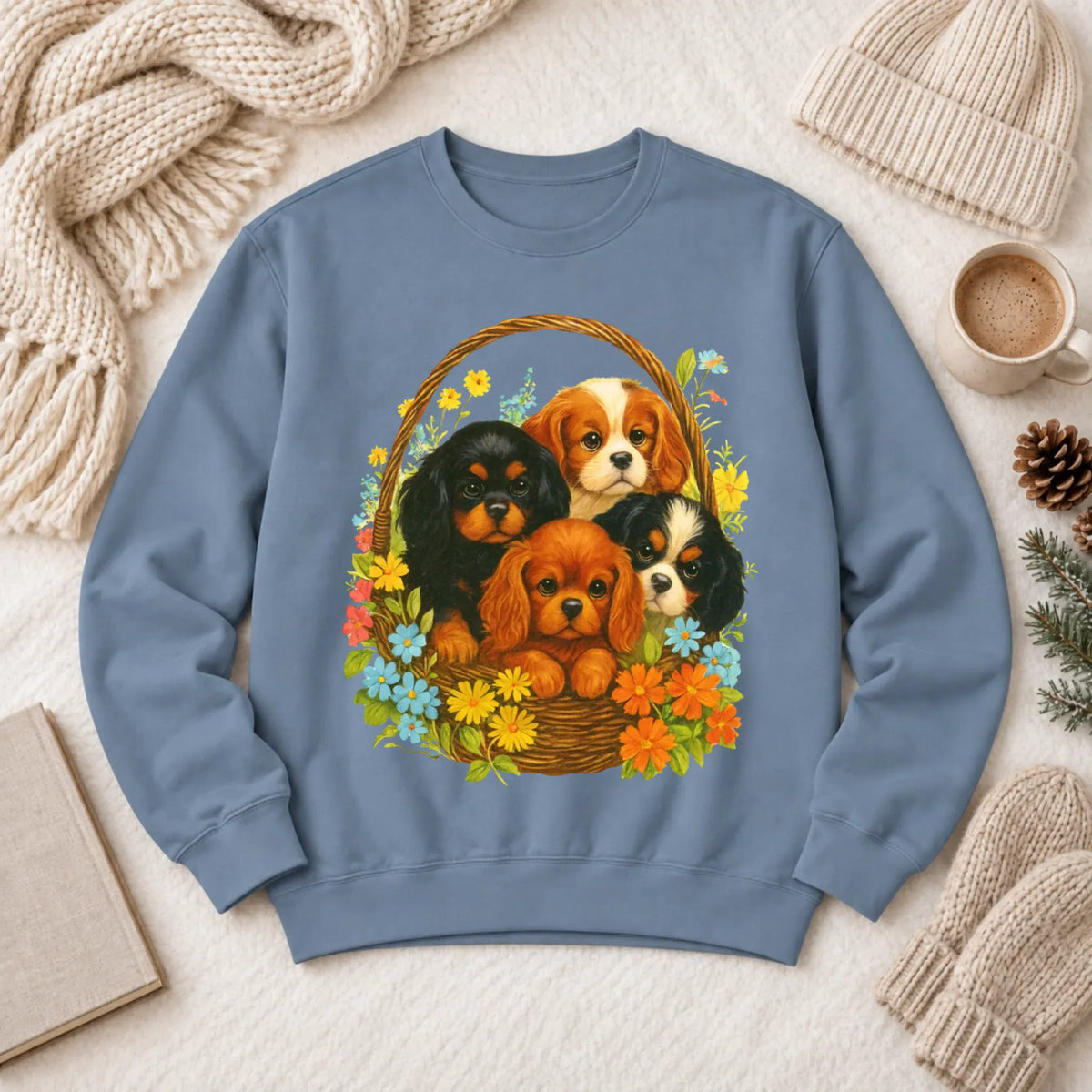 Cavalier Spring Puppy Basket Unisex Sweatshirt Blue Jean
