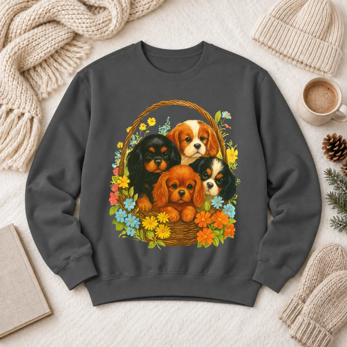 Cavalier Spring Puppy Basket Unisex Sweatshirt Pepper