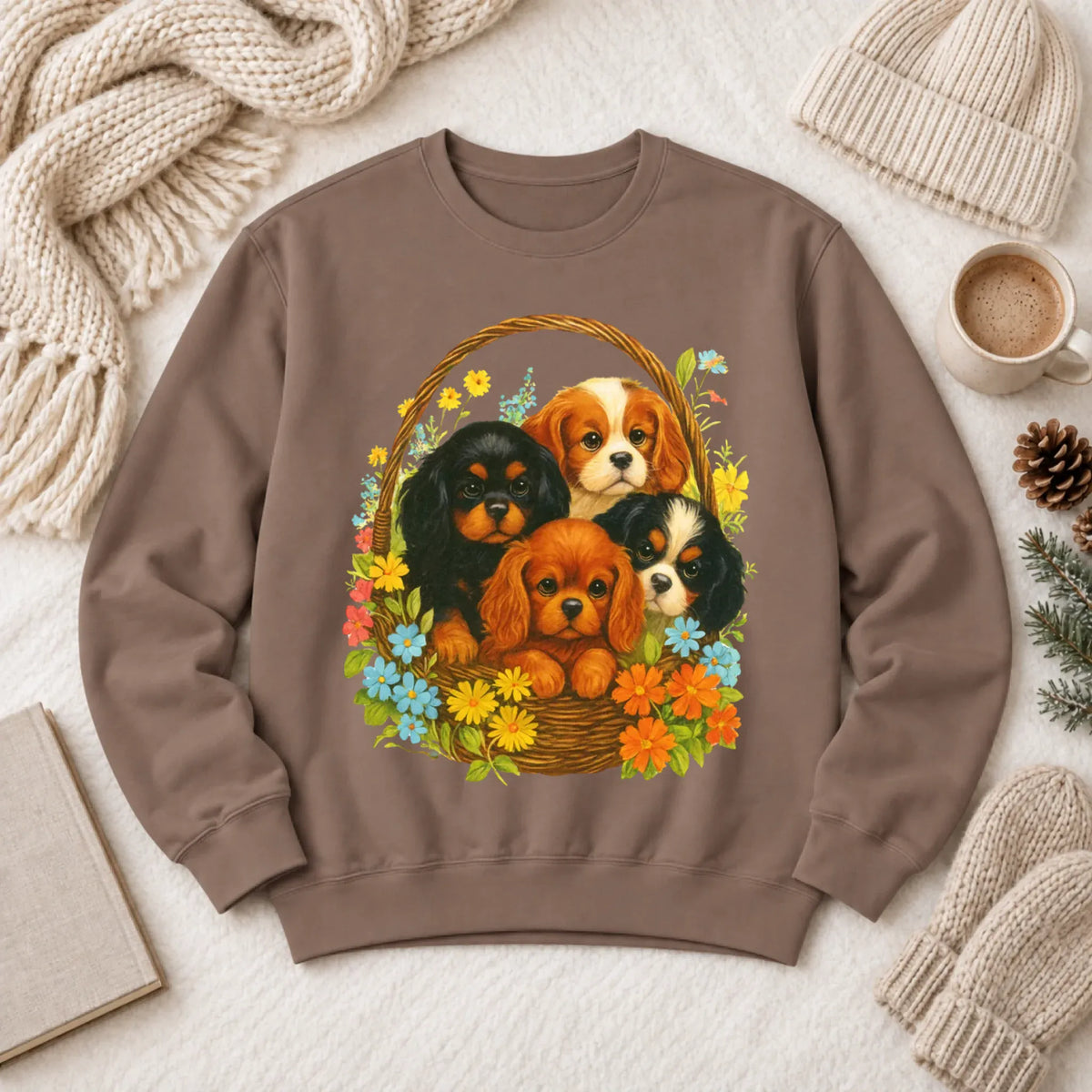 Cavalier Spring Puppy Basket Unisex Sweatshirt Espresso
