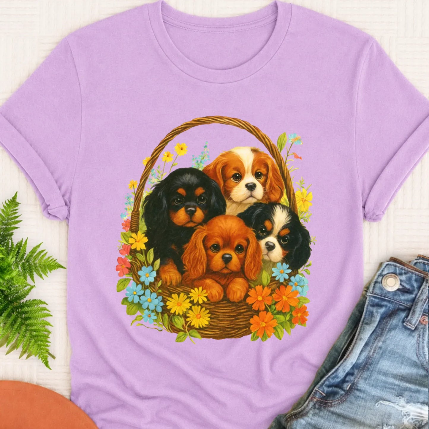 T-Shirt Orchid / S Cavalier Spring Puppy Basket Unisex TShirt