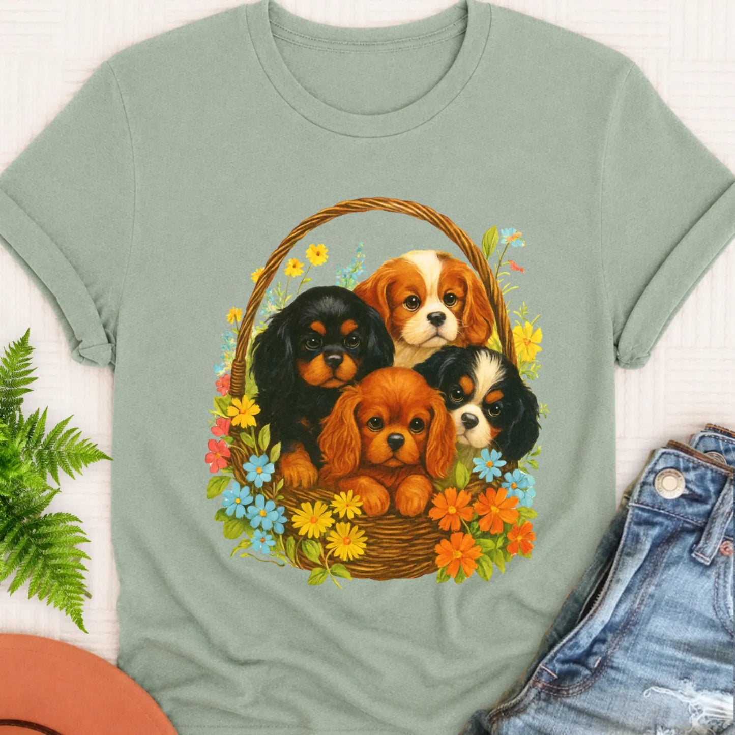 T-Shirt Bay / S Cavalier Spring Puppy Basket Unisex TShirt