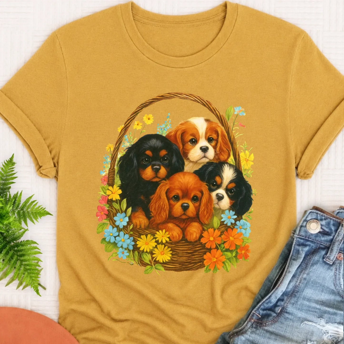 T-Shirt Mustard / S Cavalier Spring Puppy Basket Unisex TShirt